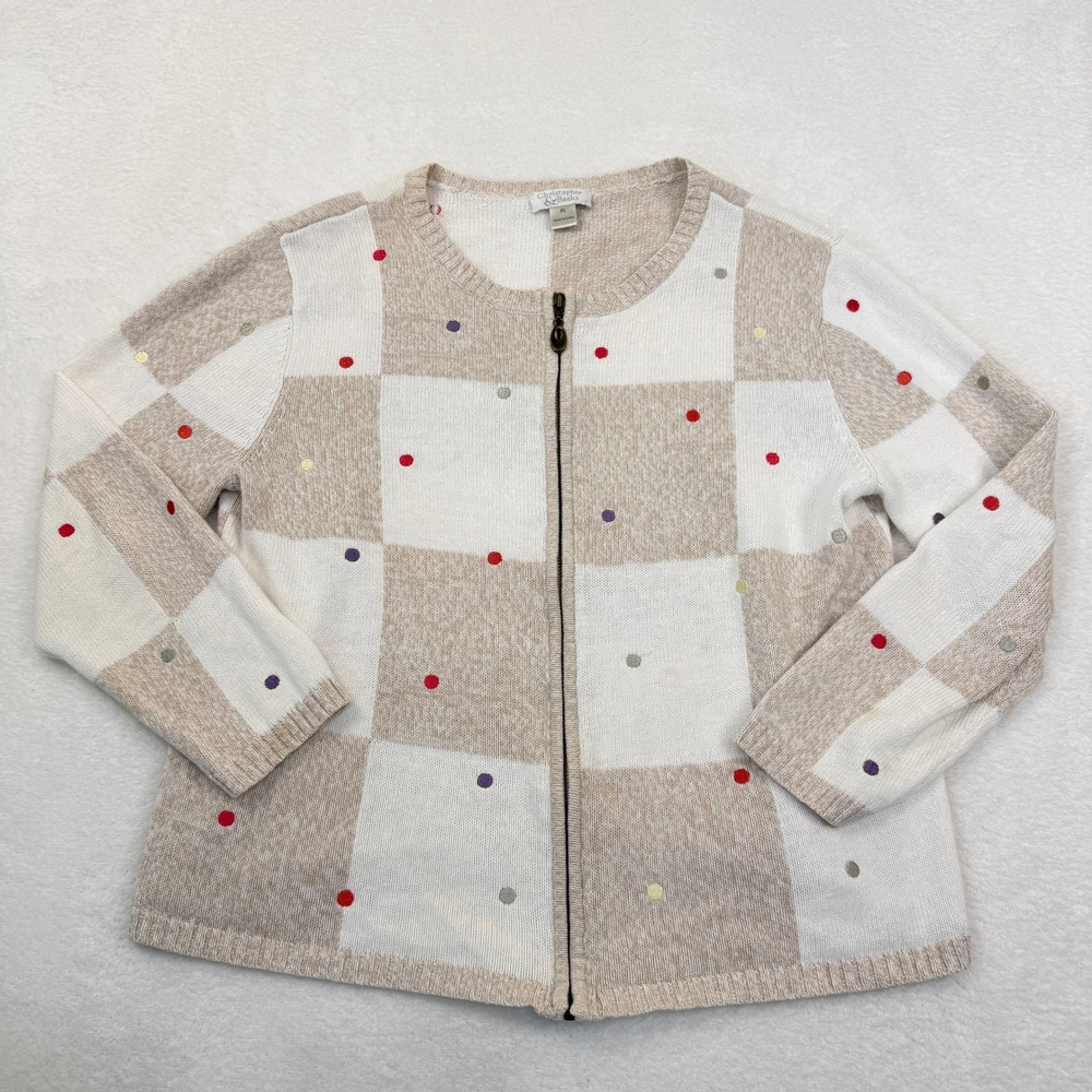 Christopher & Banks Beige and White Check Zip Cardigan with Multicolor Dots